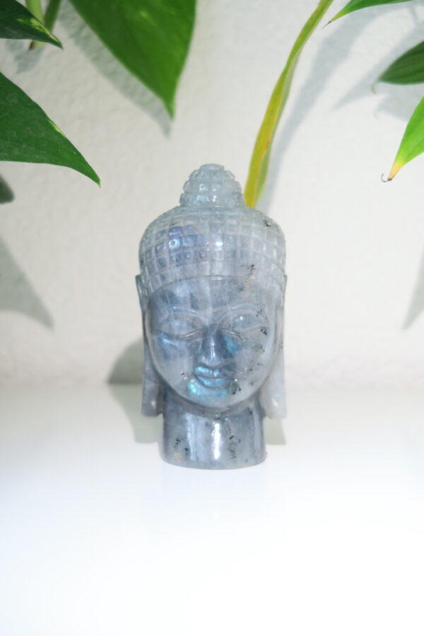 Labradoriet Boeddha Carving: Een gedetailleerde sculptuur van labradoriet, straalt sereniteit en vakmanschap uit.