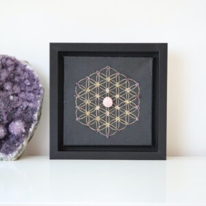 Crystal Grid Schilderij Harmonie met Flower of Life, Rozenkwarts, Bergkristal en Amethist.