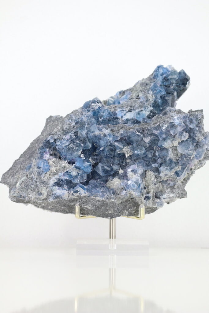 Grote Blauwe Fluoriet op Naaldkwarts Cluster “Oceanic Majesty” inclusief standaard
