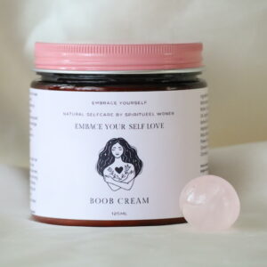 Boob Cream Embrace Your Self Love in glazen pot met roze deksel en rozenkwarts steen