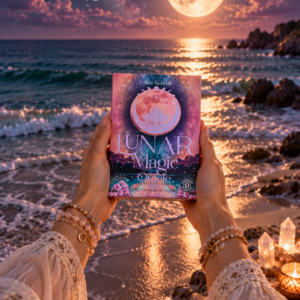 Vrouw houdt Lunar Magic Oracle van Alice Kendall vast voor een maanverlichte zee, met bergkristalpunten op het strand.