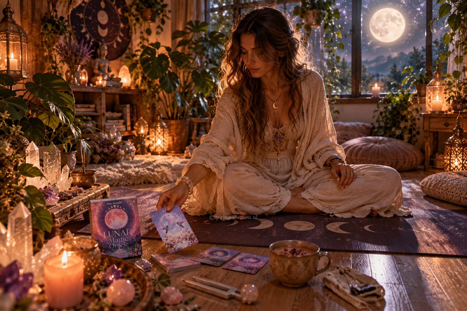 Vrouw trekt een Lunar Magic Oracle kaart tijdens meditatie op een yogamat met maanfasen, bij kaarslicht en volle maan.