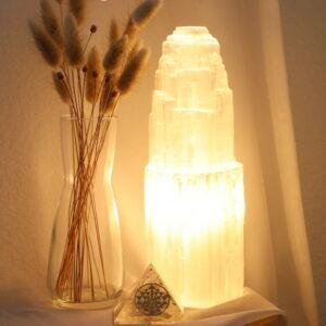 Seleniet lamp groot nr. 722 van 25 cm met warme lichtgloed, droogbloemen en orgoniet piramide.